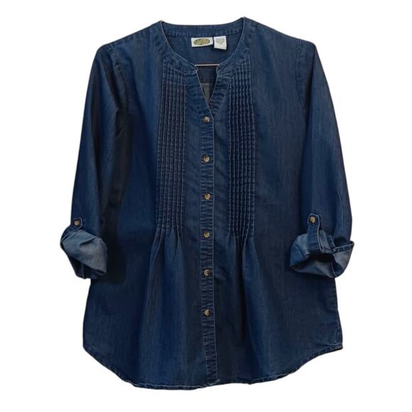 Collections Etc Denim Top Blouse LG Tucks Peasant Western Cowgirl Country‎ Jean - Picture 1 of 6